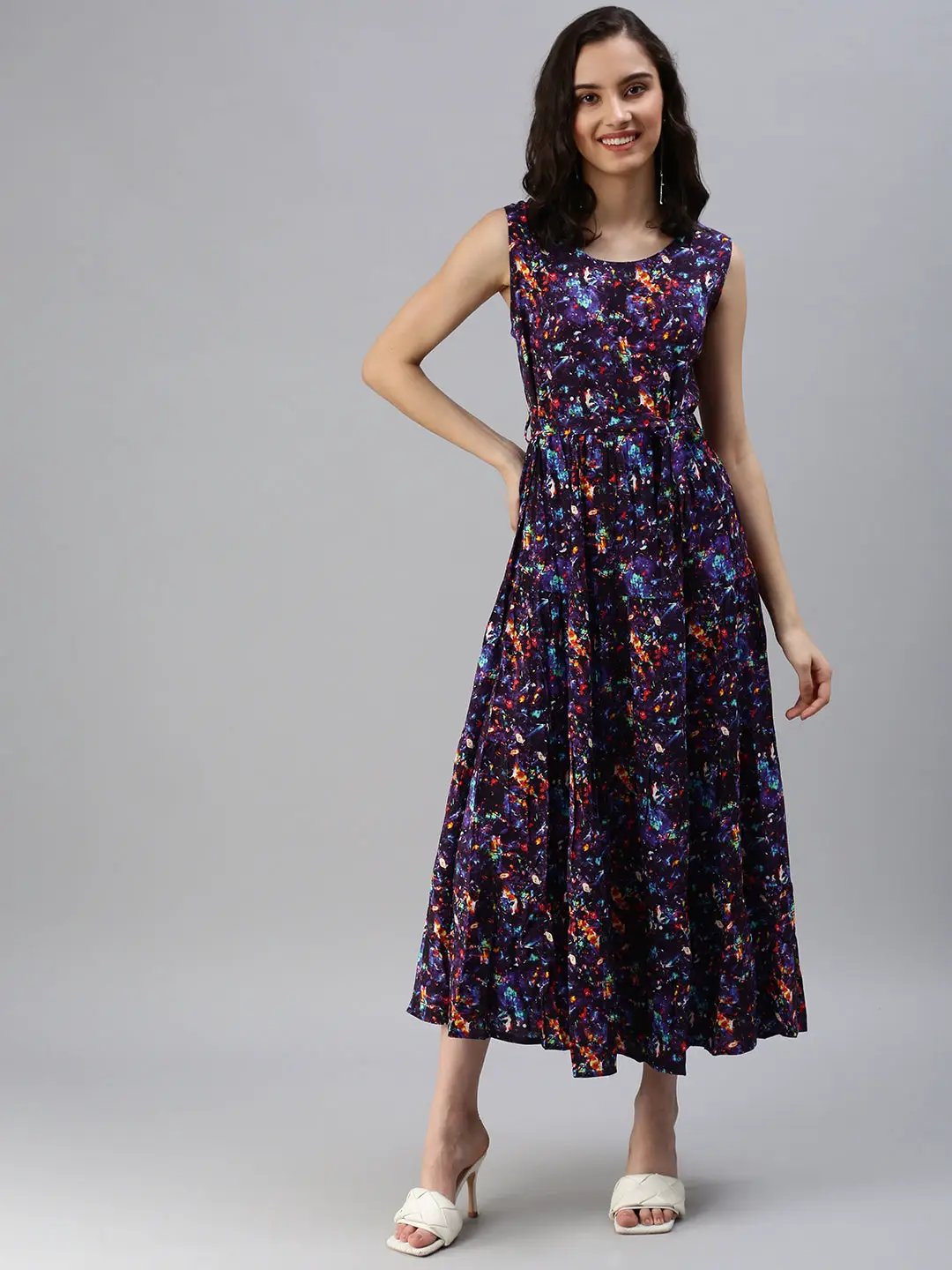 Women's Purple Printed A-Line Dress