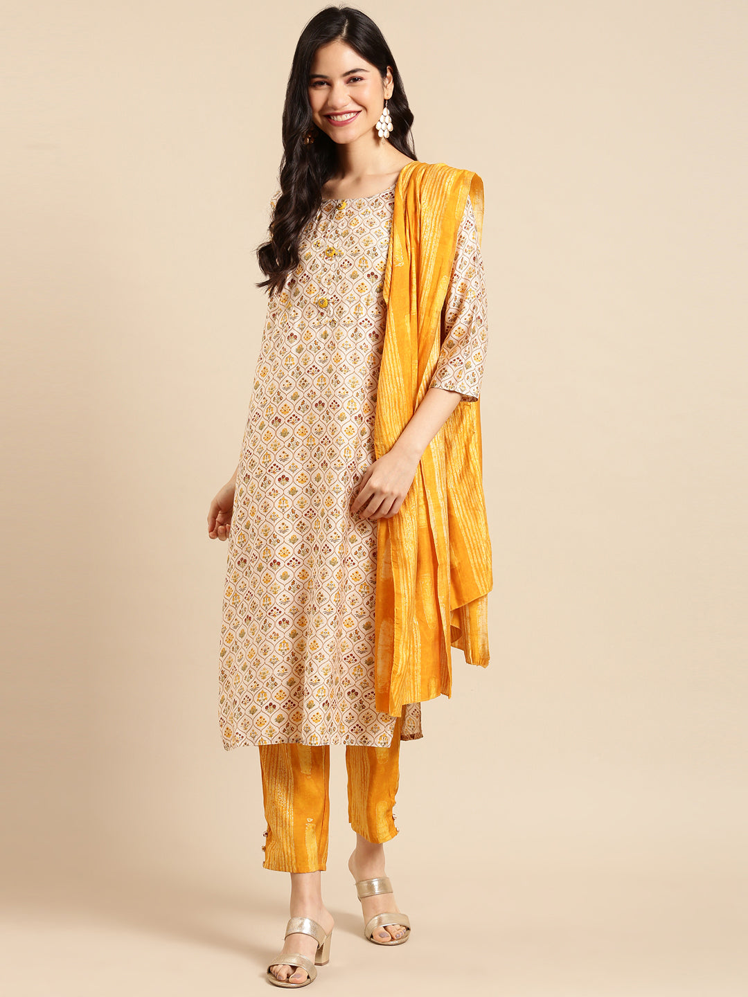 Women's Yellow Printed  Kurta Set