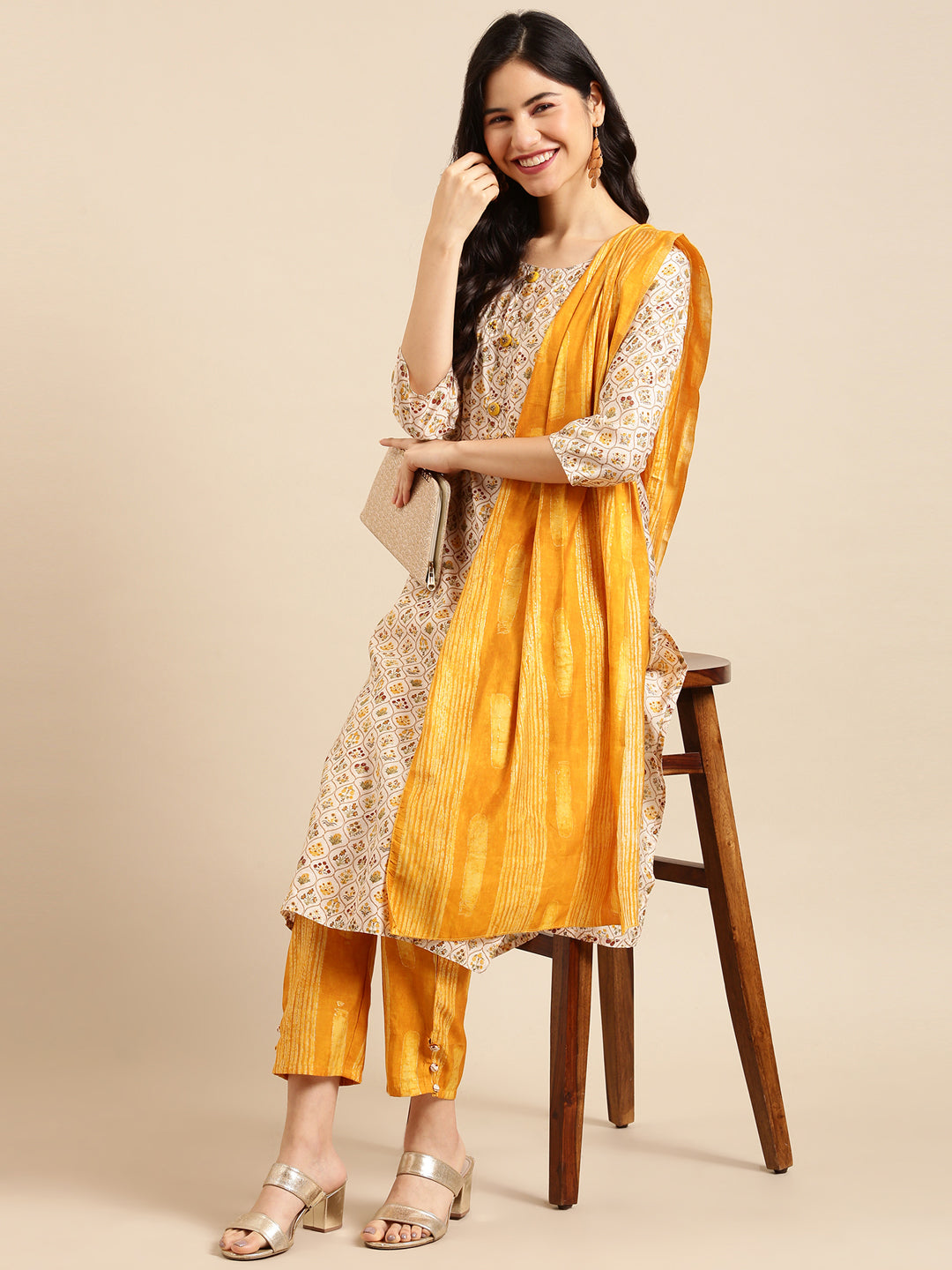 Women's Yellow Printed  Kurta Set