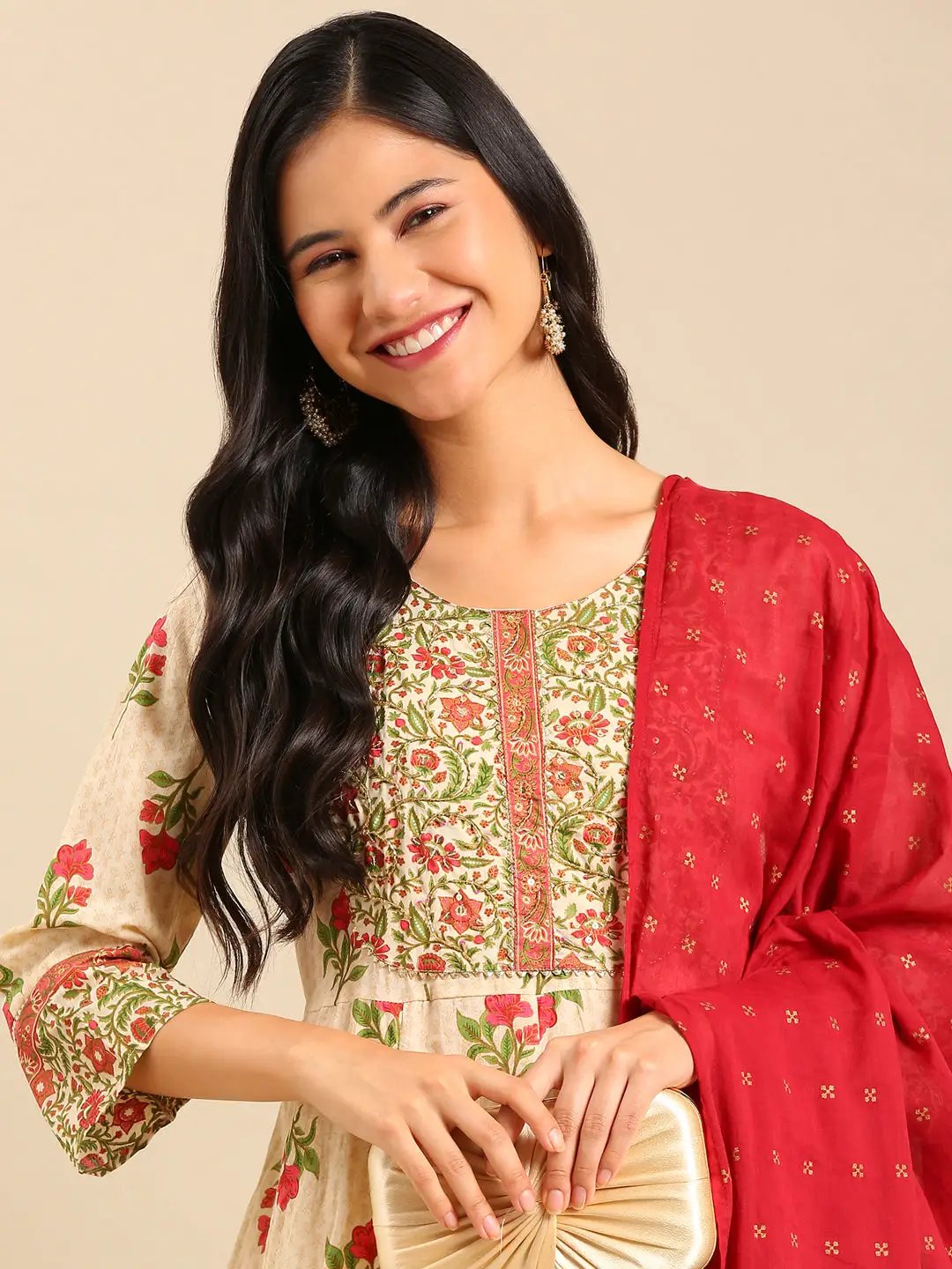 Women's Cream Printed Kurta Set