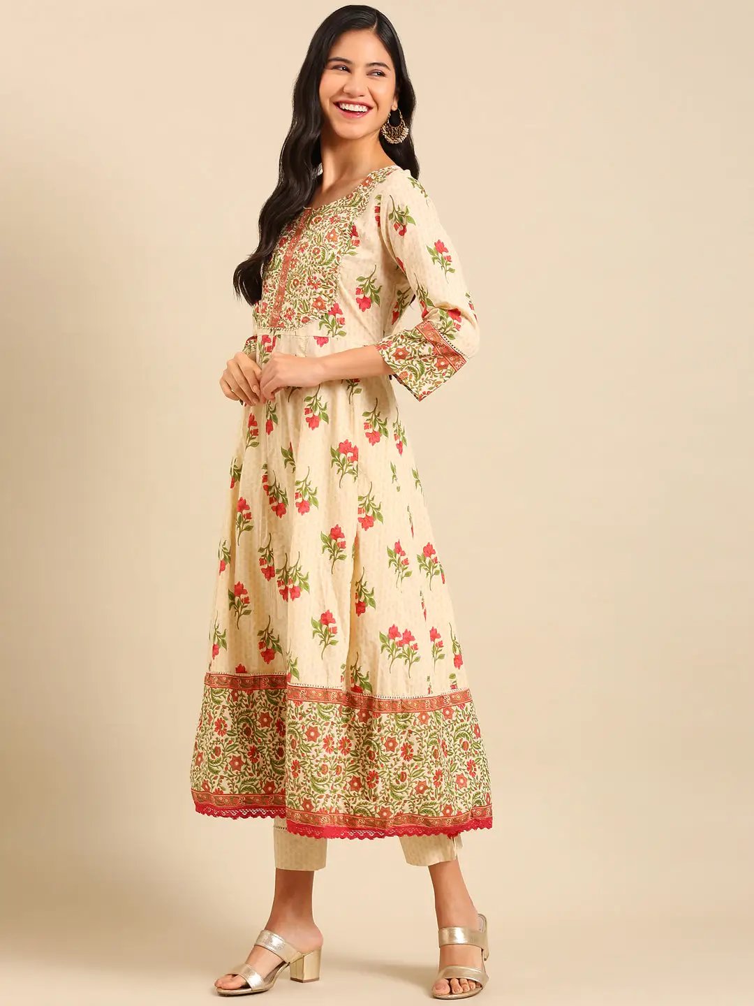Women's Cream Printed Kurta Set