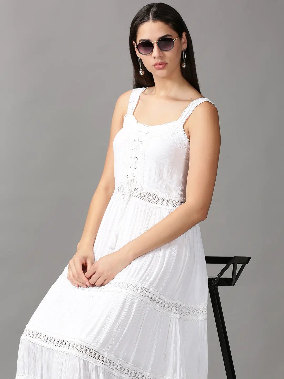 Women's White Solid Fit and Flare Dress