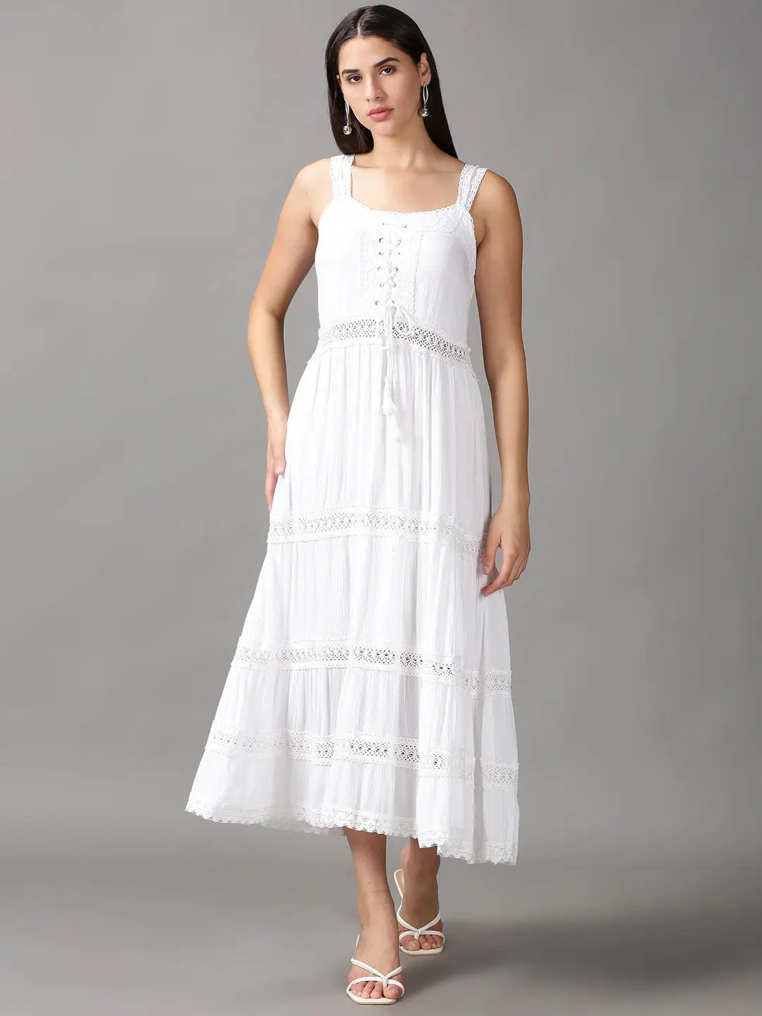 Women's White Solid Fit and Flare Dress