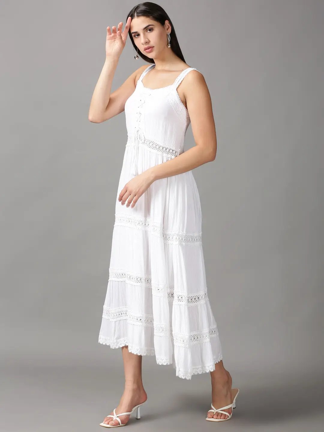 Women's White Solid Fit and Flare Dress