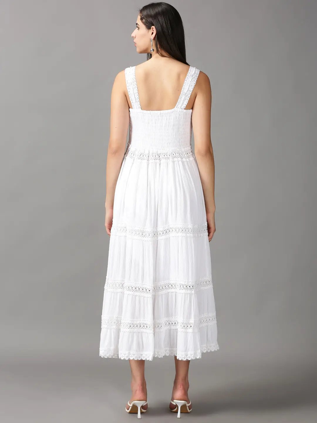 Women's White Solid Fit and Flare Dress