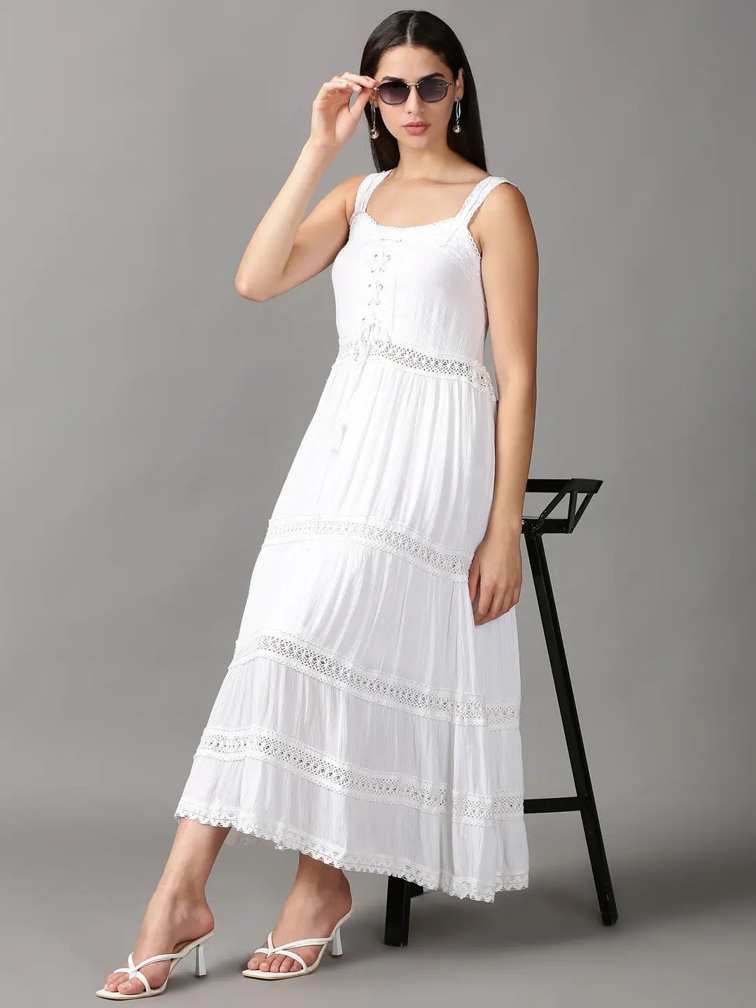Women's White Solid Fit and Flare Dress