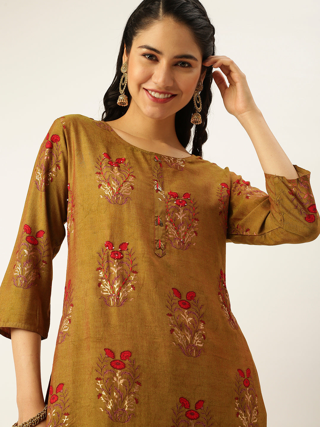 Women's Green Embroidered Kurta Set with Palazzos