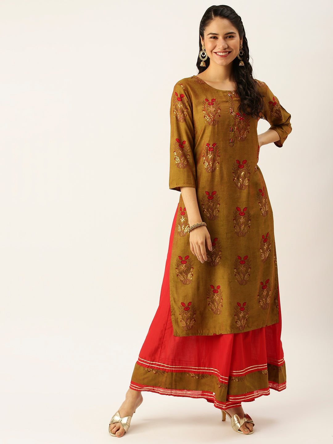 Women's Green Embroidered Kurta Set with Palazzos