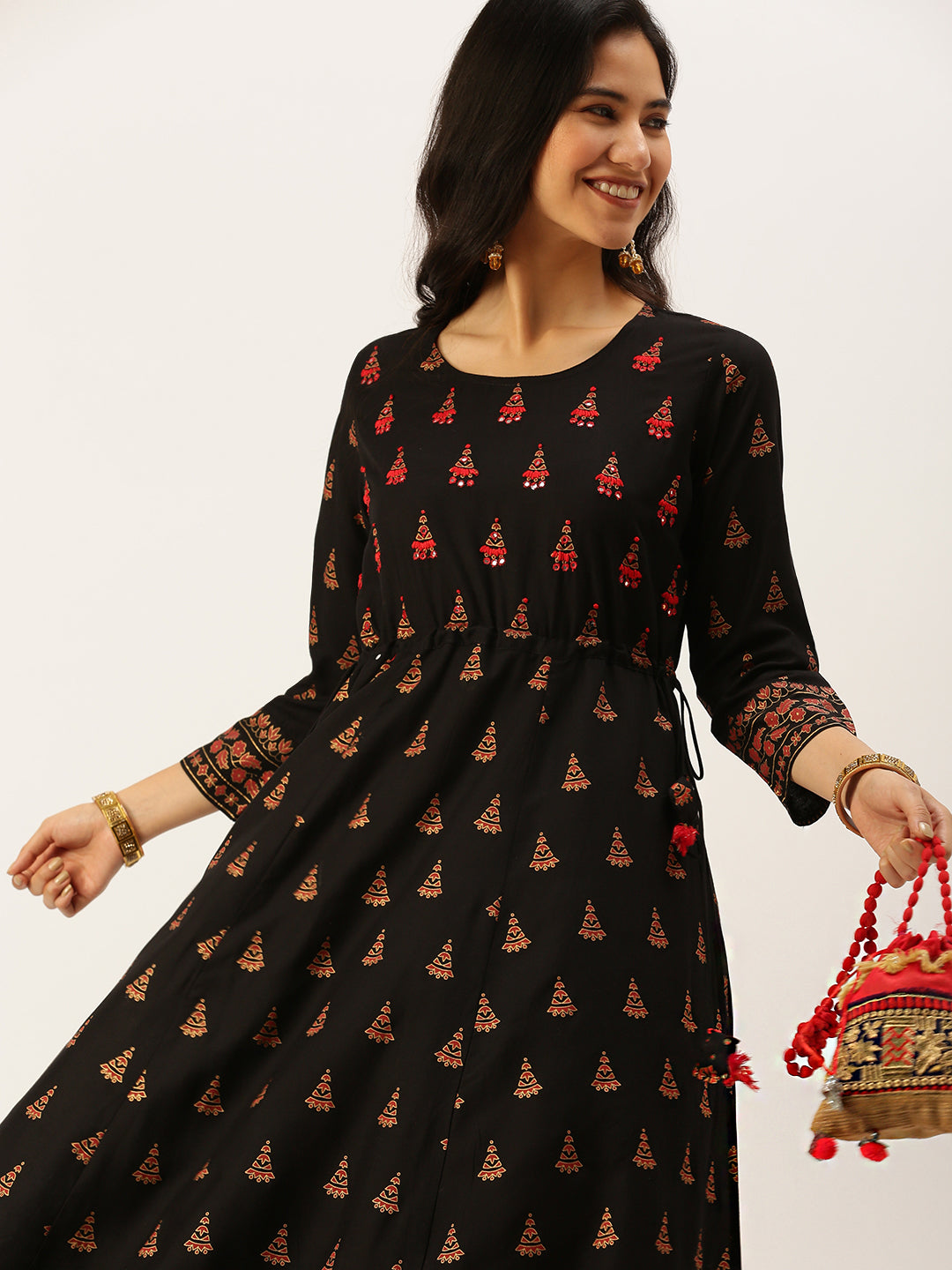 Women's Black Embroidered A-Line Kurtas