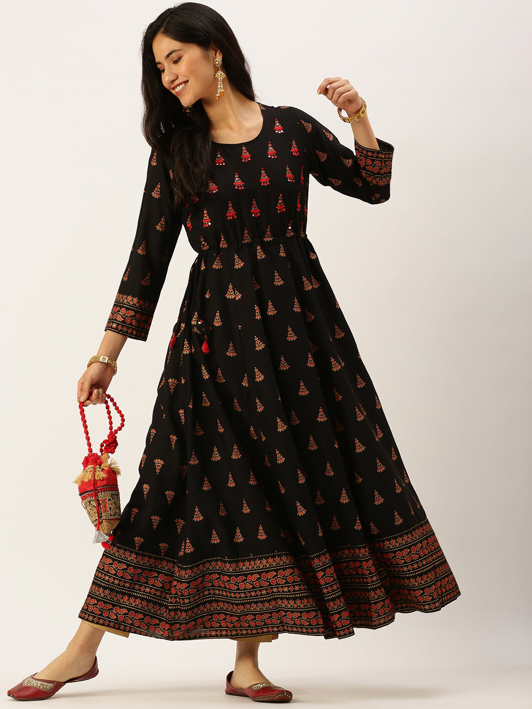 Women's Black Embroidered A-Line Kurtas