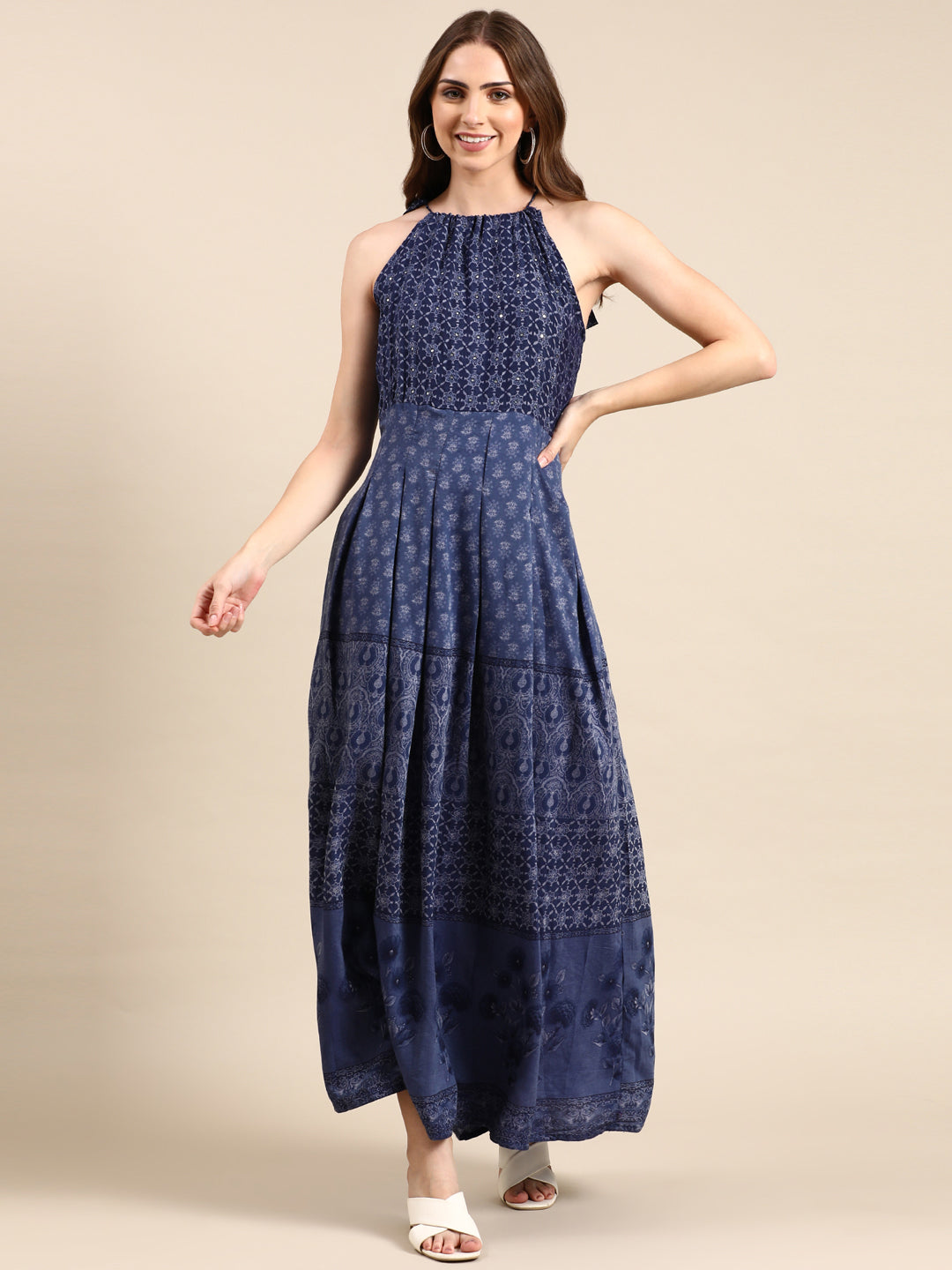 Women's Navy Blue Printed Anarkali Kurta