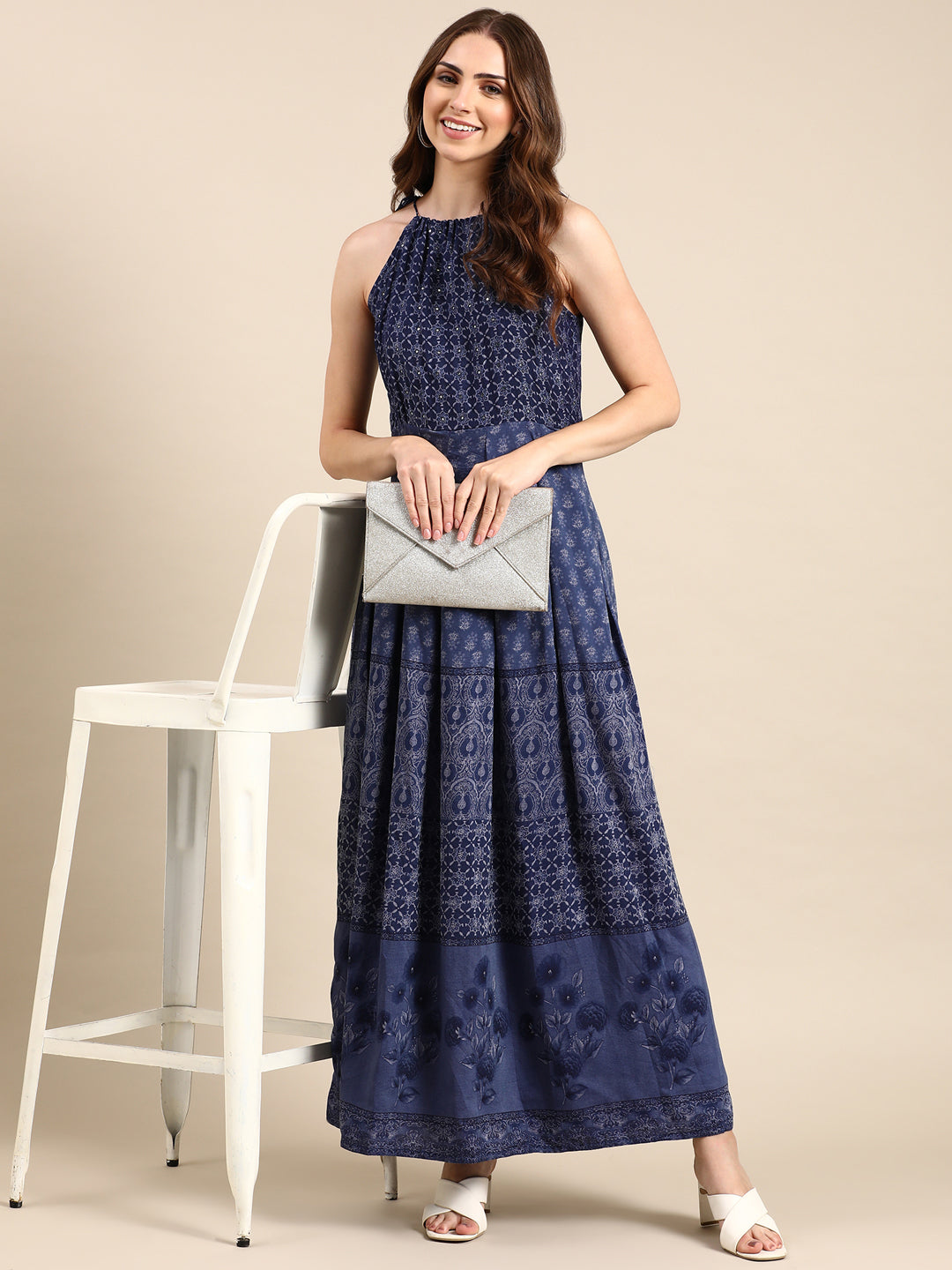 Women's Navy Blue Printed Anarkali Kurta