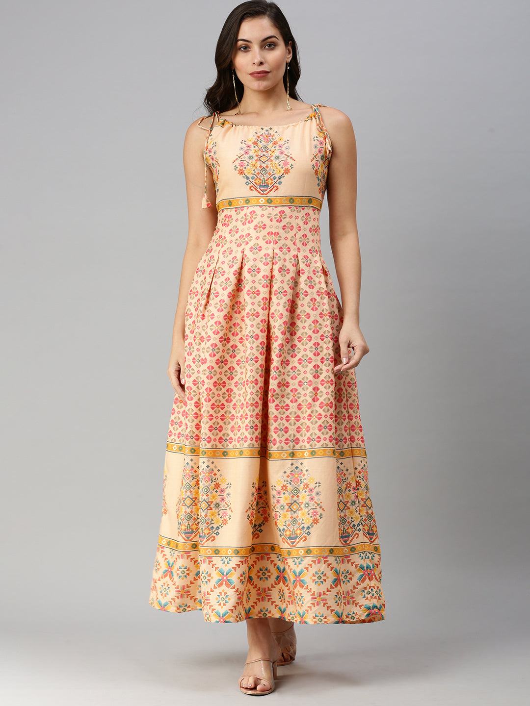 Women's Ethnic Motifs Peach Fit and Flare Kurta