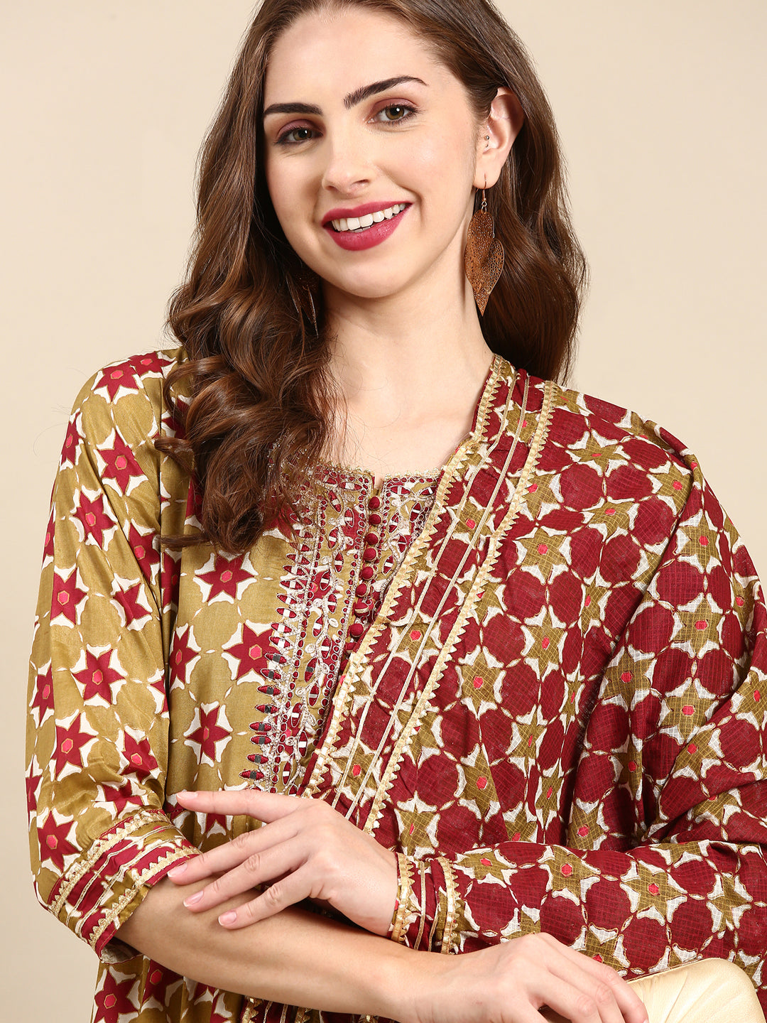 Women's Olive Embellished Anarkali Kurta