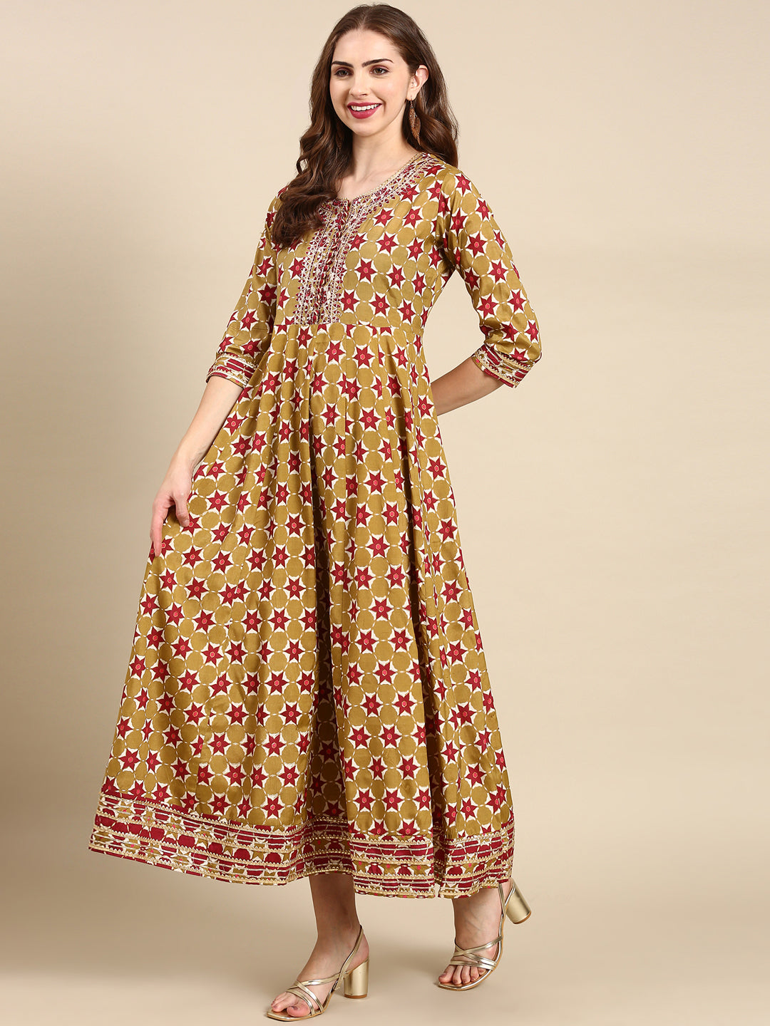 Women's Olive Embellished Anarkali Kurta