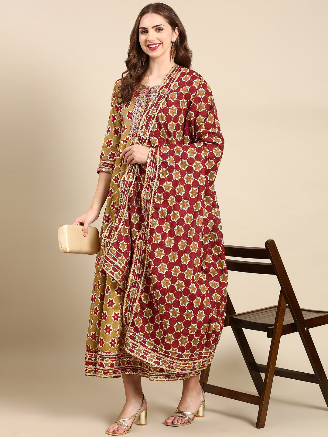 Women's Olive Embellished Anarkali Kurta