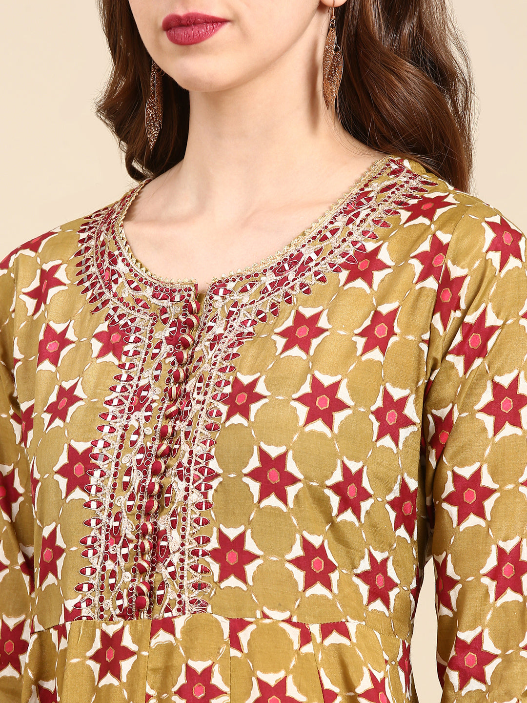 Women's Olive Embellished Anarkali Kurta