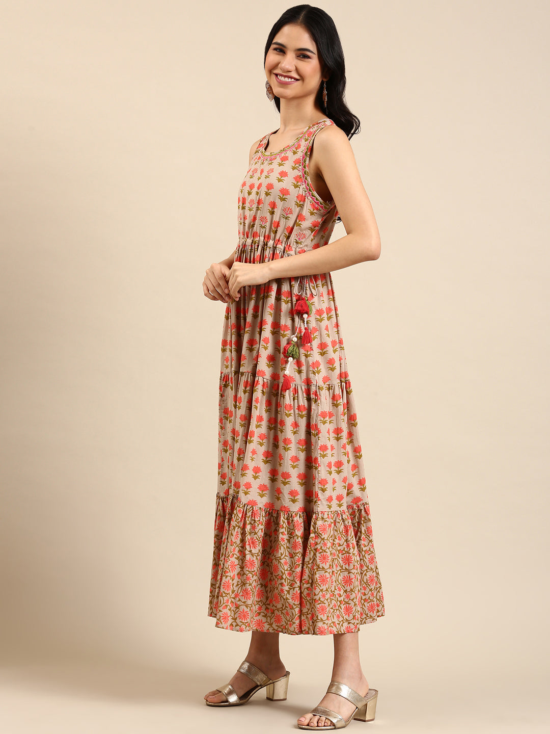 Women's Beige Printed Anarkali Kurta