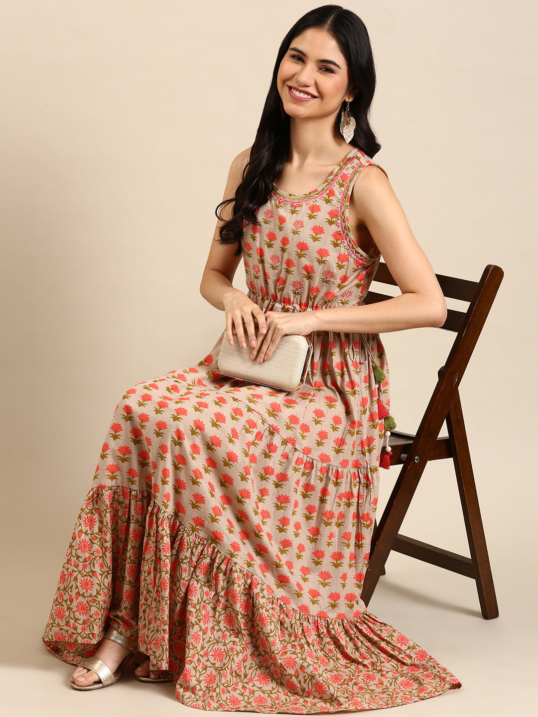 Women's Beige Printed Anarkali Kurta