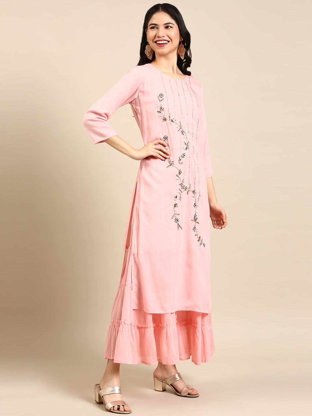 Women's Peach Solid Kurta Set