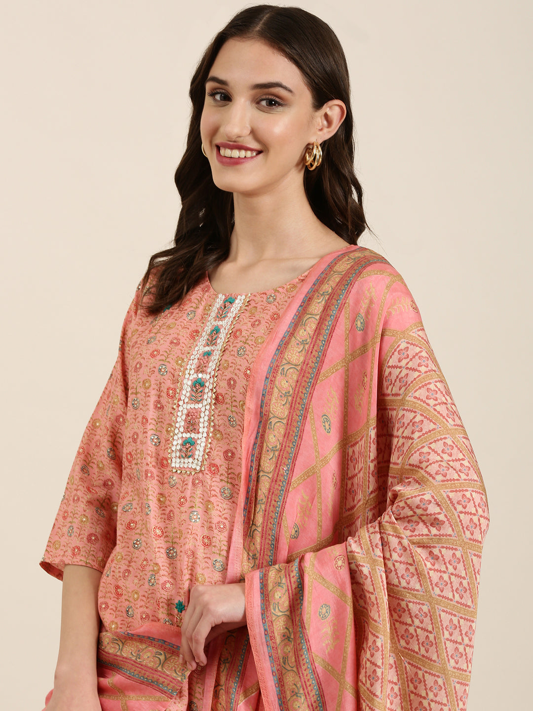 Women Peach Floral Kurta Set