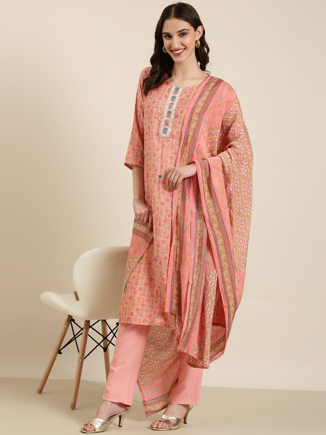 Women Peach Floral Kurta Set