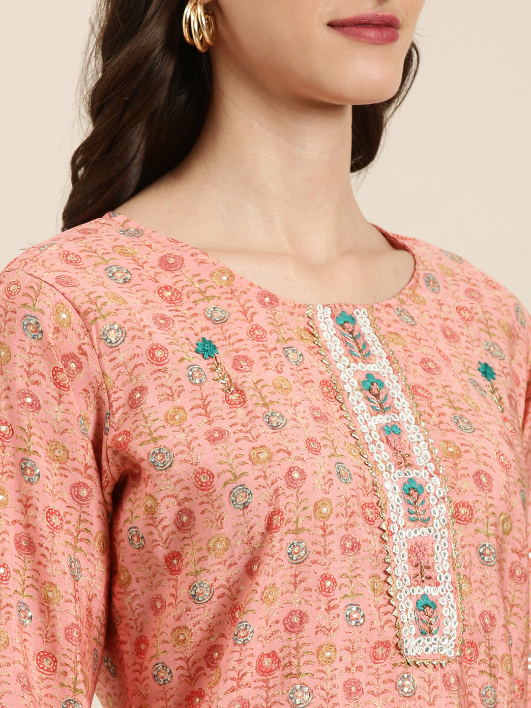 Women Peach Floral Kurta Set