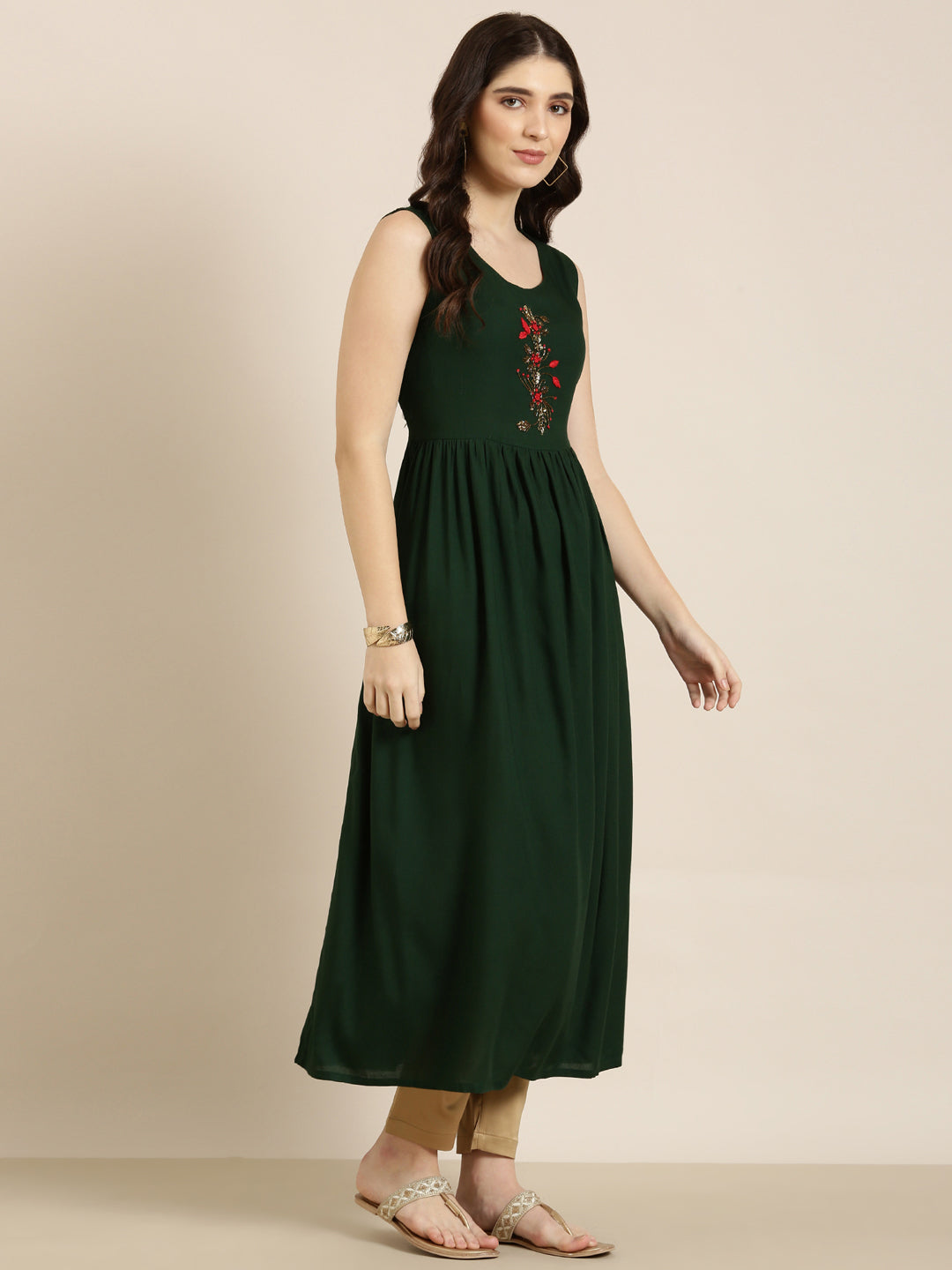 Women Green Solid Anarkali Kurta