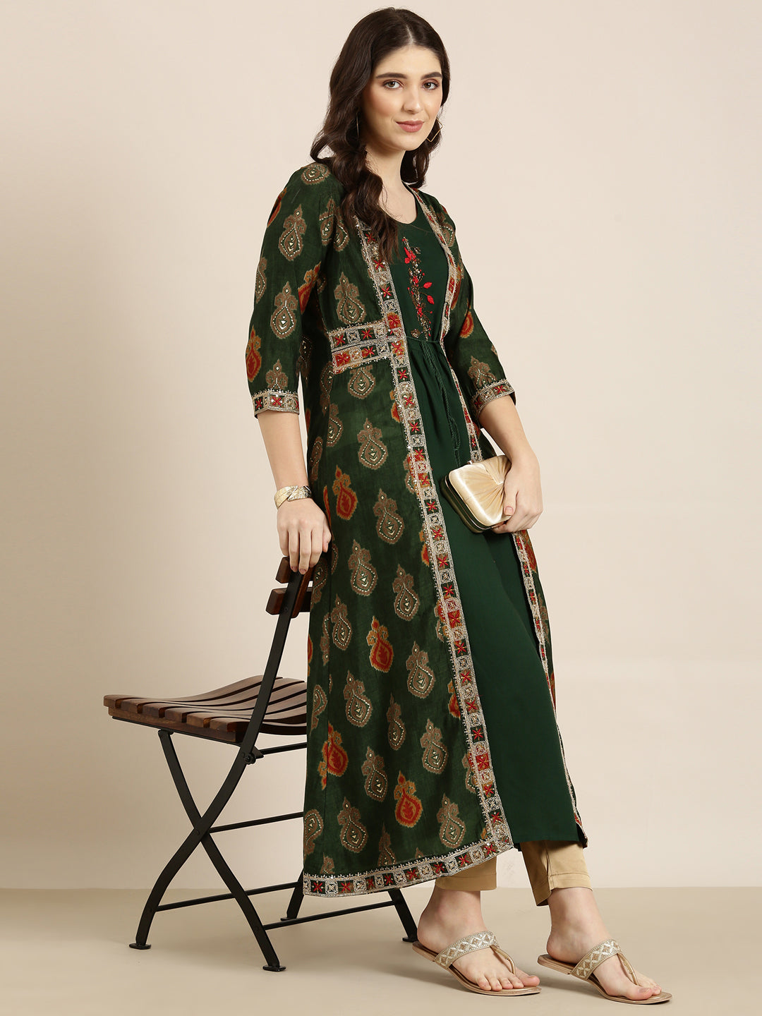 Women Green Solid Anarkali Kurta