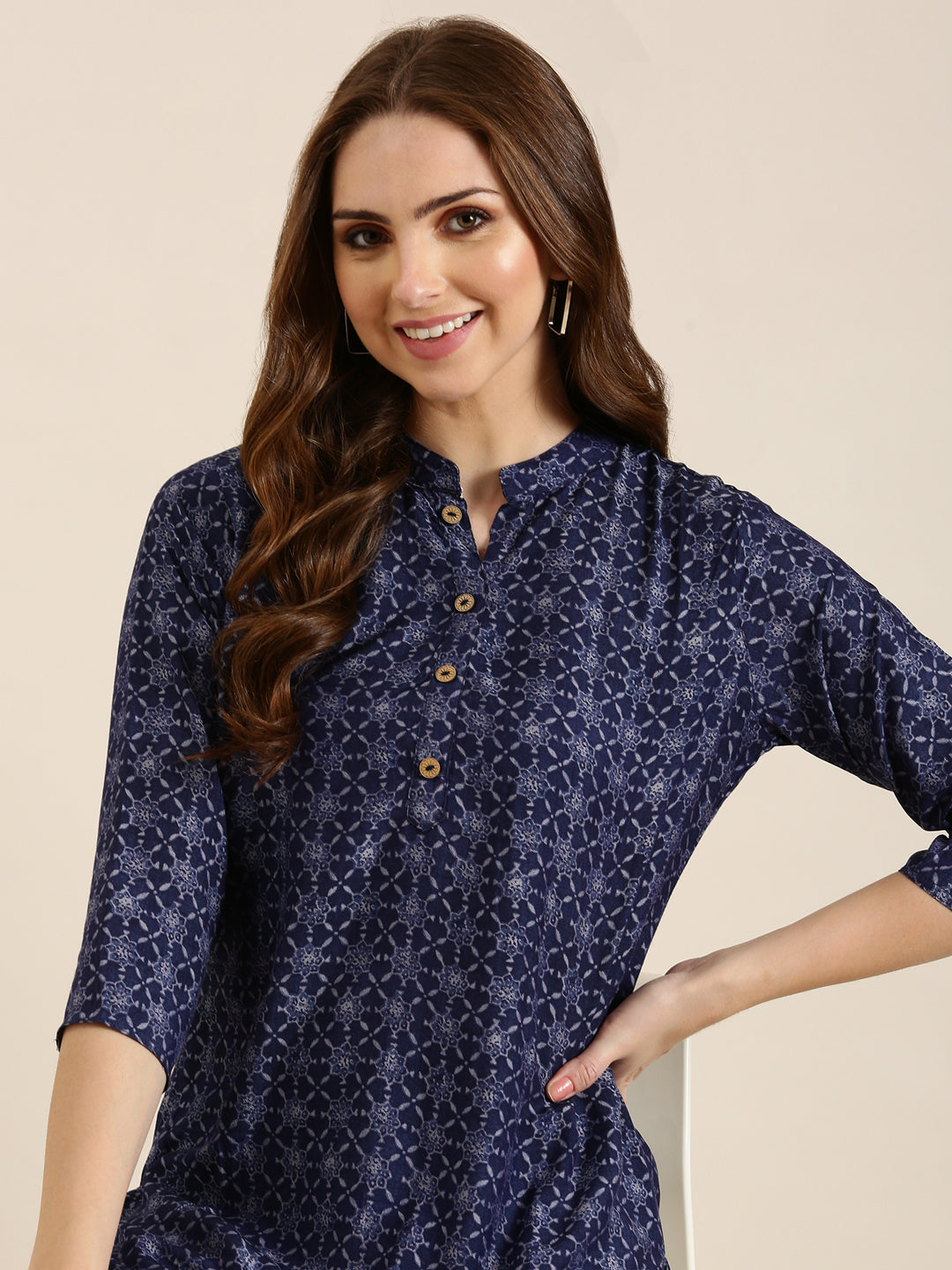 Women Navy Blue Ethnic Motifs Straight Kurti