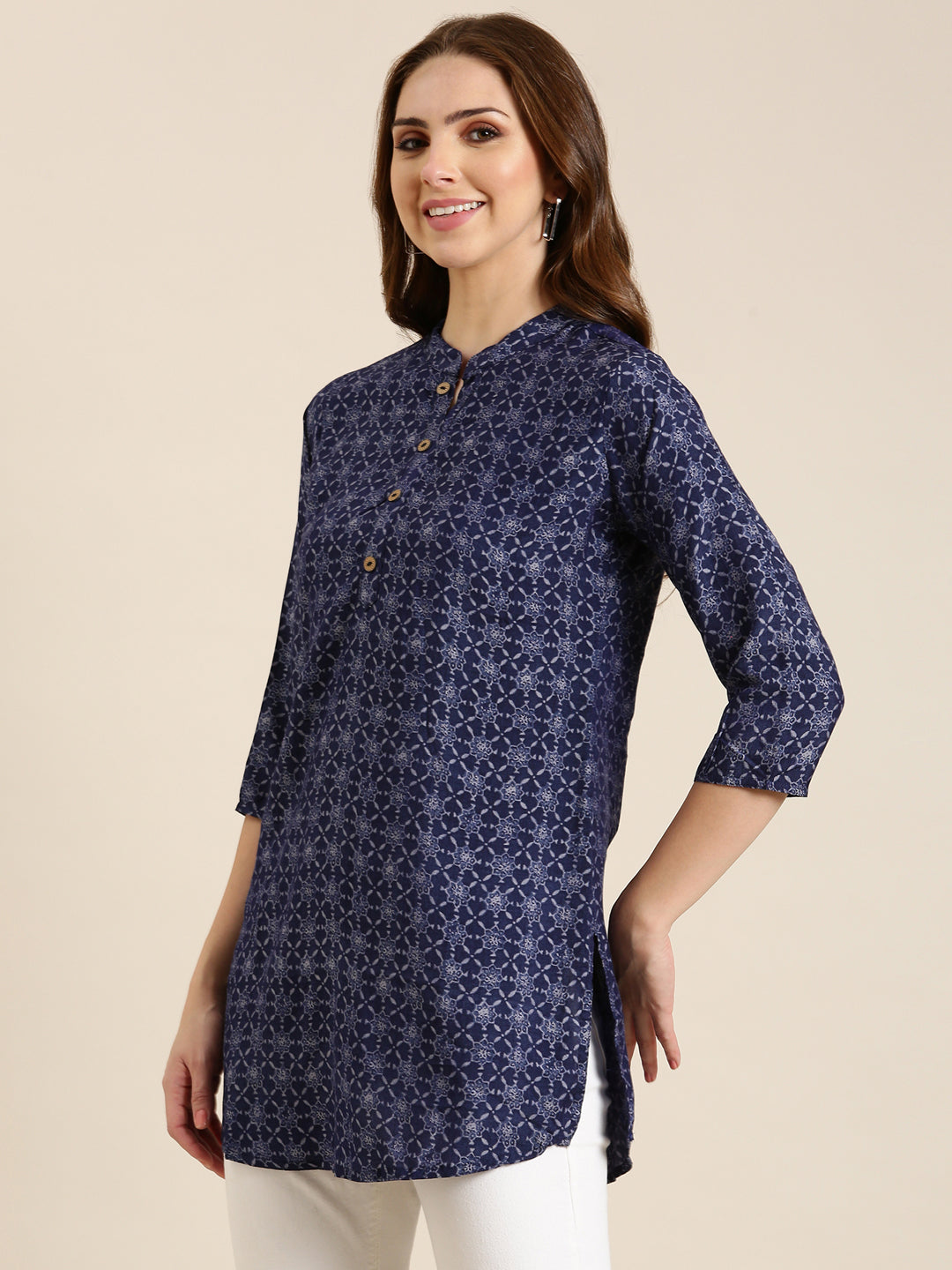 Women Navy Blue Ethnic Motifs Straight Kurti