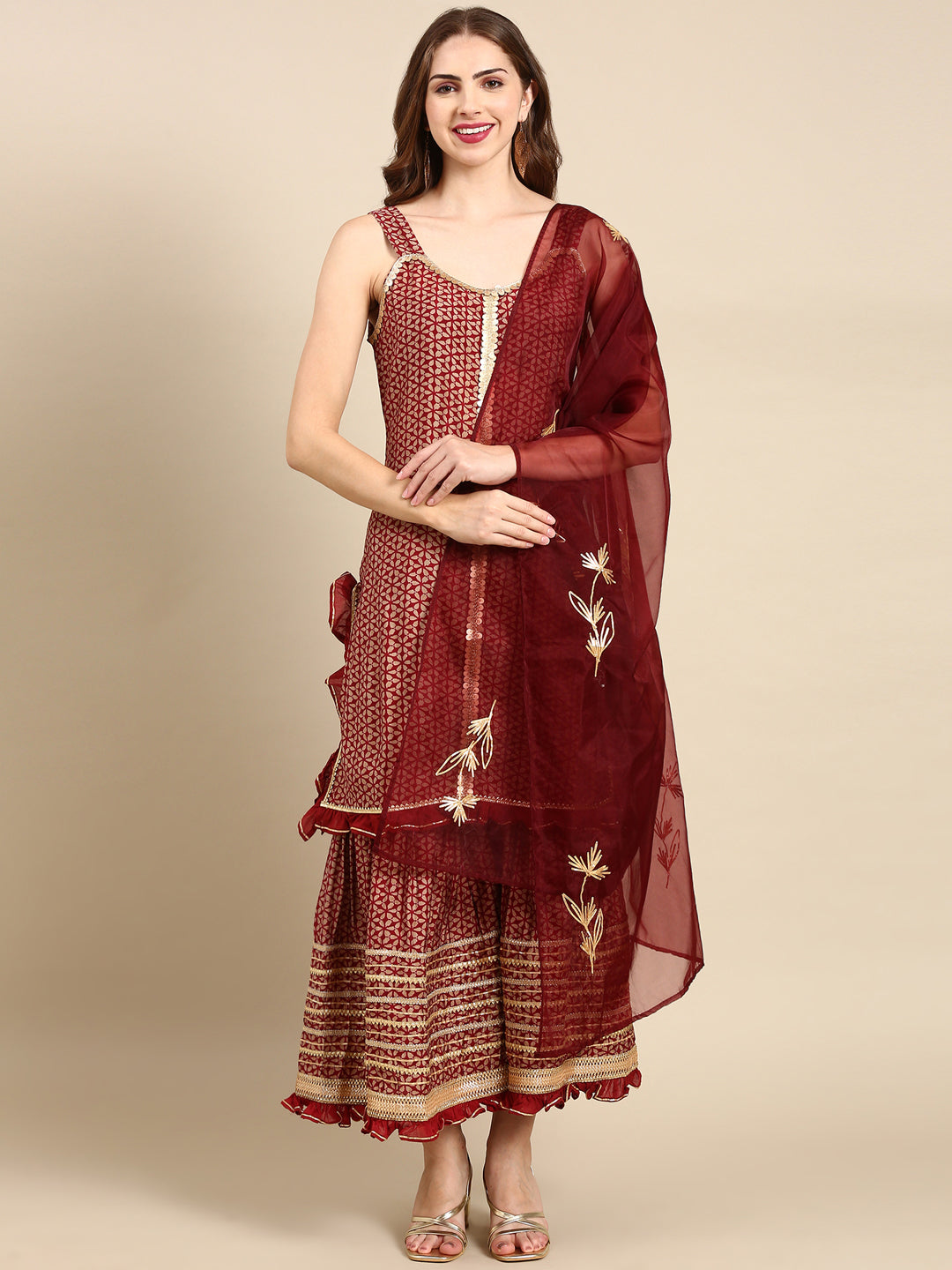 Women's Maroon Printed Kurta Set