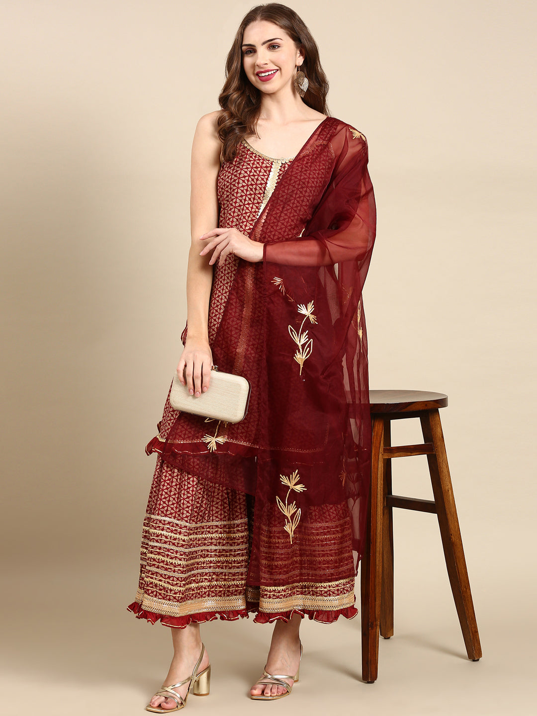 Women's Maroon Printed Kurta Set