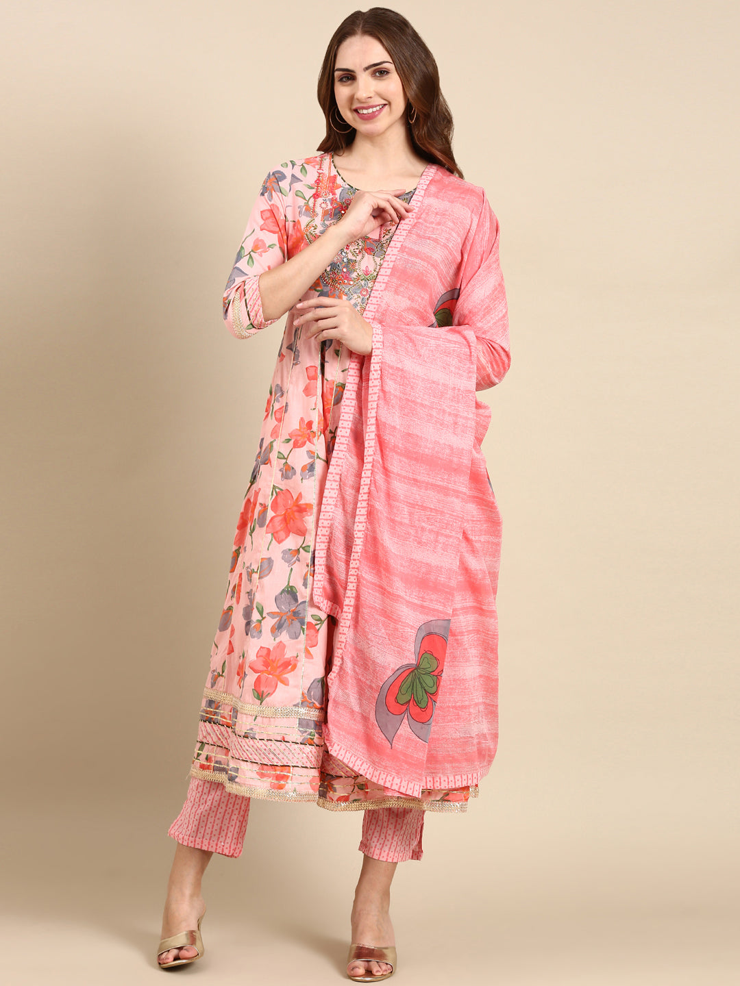 Women's Coral Floral Printed Thread Work Pure Cotton Kurta Set With Dupatta