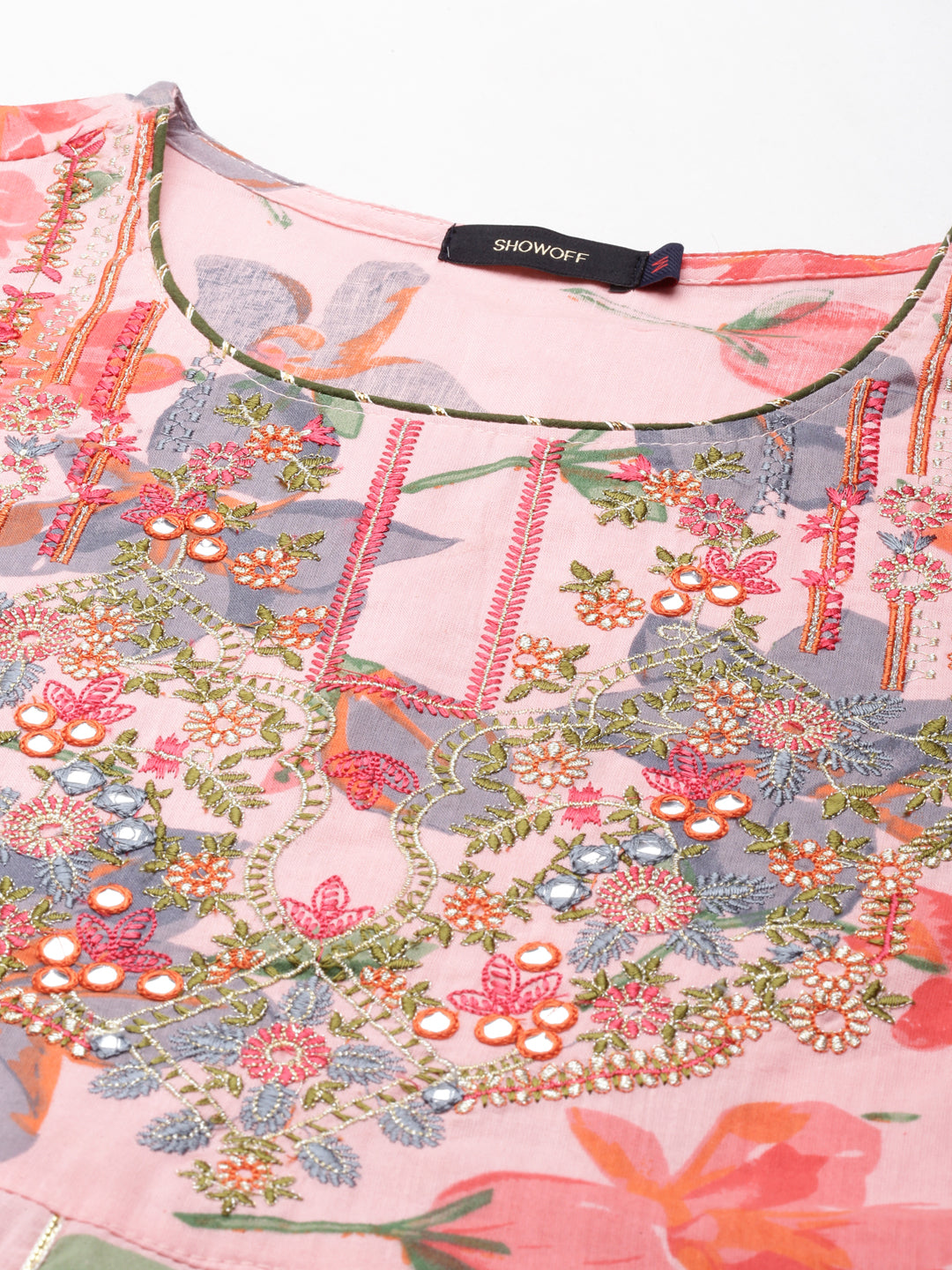 Women's Coral Floral Printed Thread Work Pure Cotton Kurta Set With Dupatta