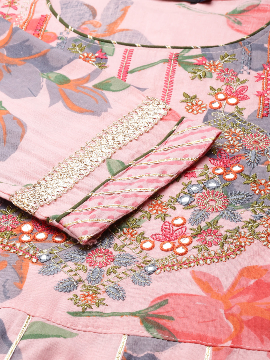 Women's Coral Floral Printed Thread Work Pure Cotton Kurta Set With Dupatta