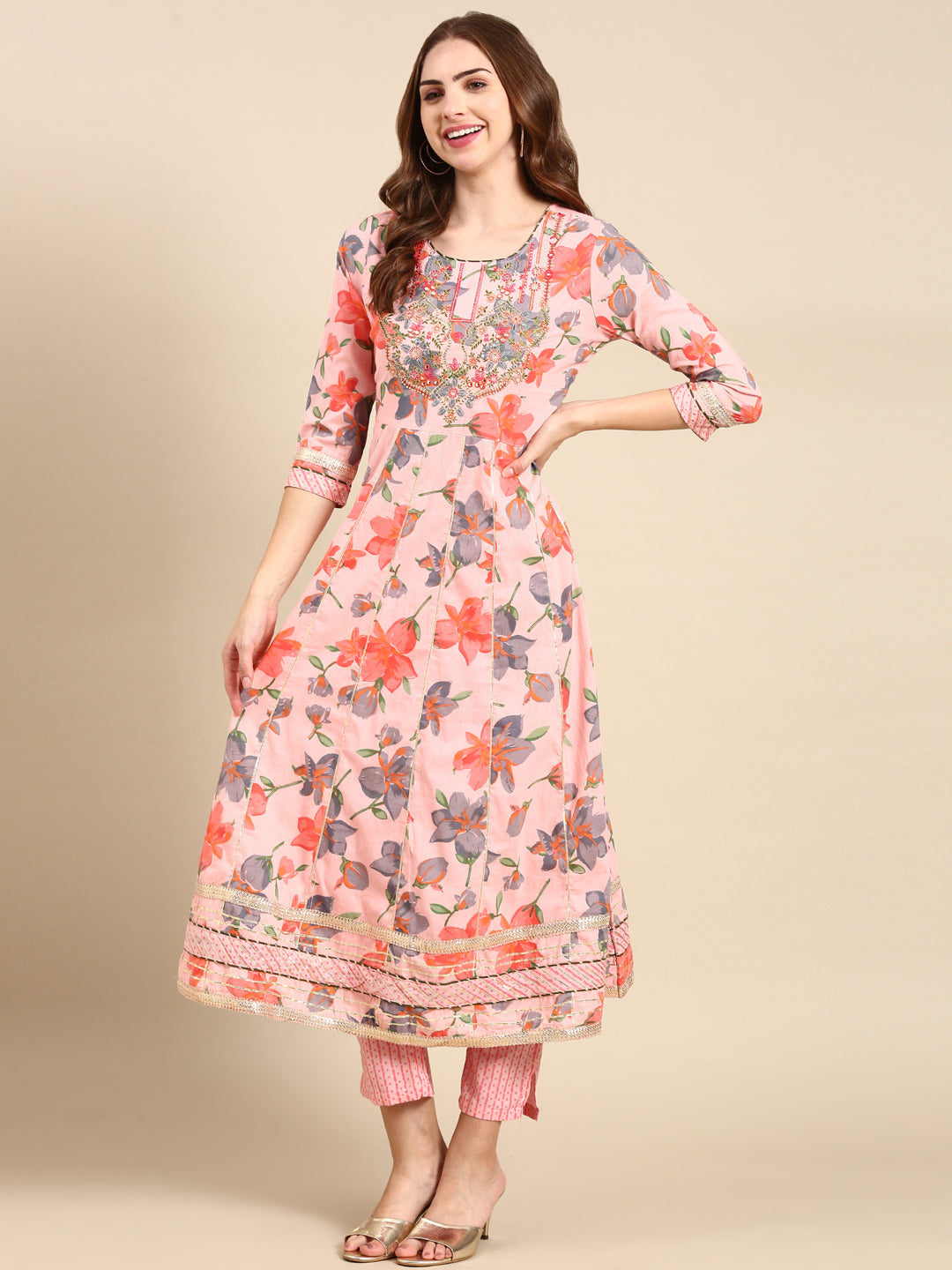 Women's Coral Floral Printed Thread Work Pure Cotton Kurta Set With Dupatta