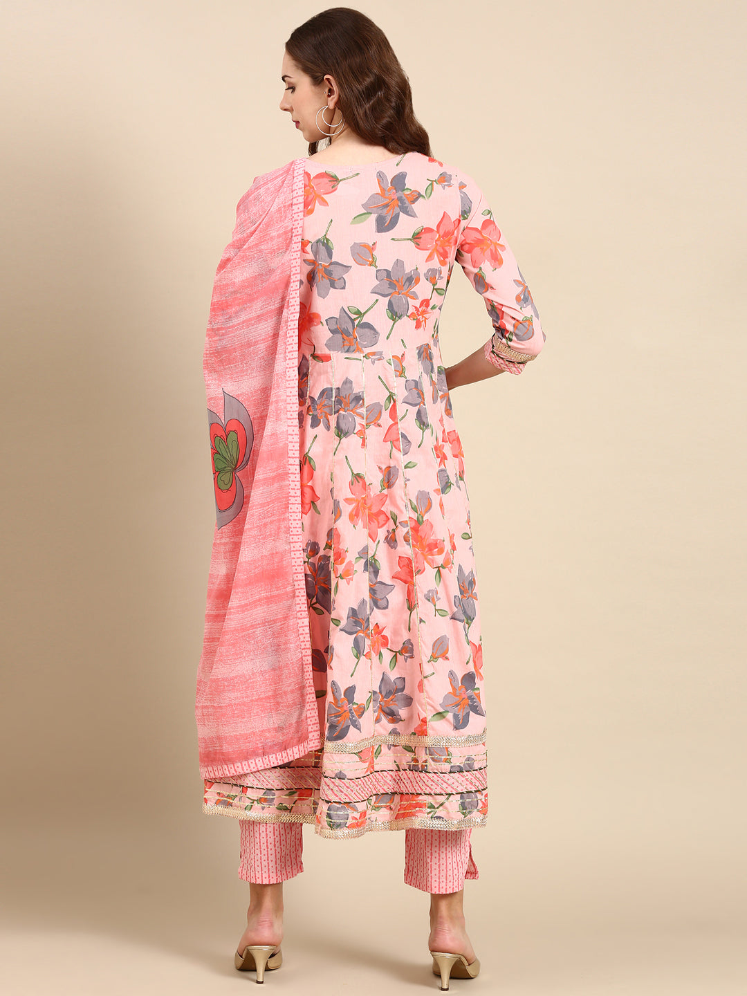 Women's Coral Floral Printed Thread Work Pure Cotton Kurta Set With Dupatta
