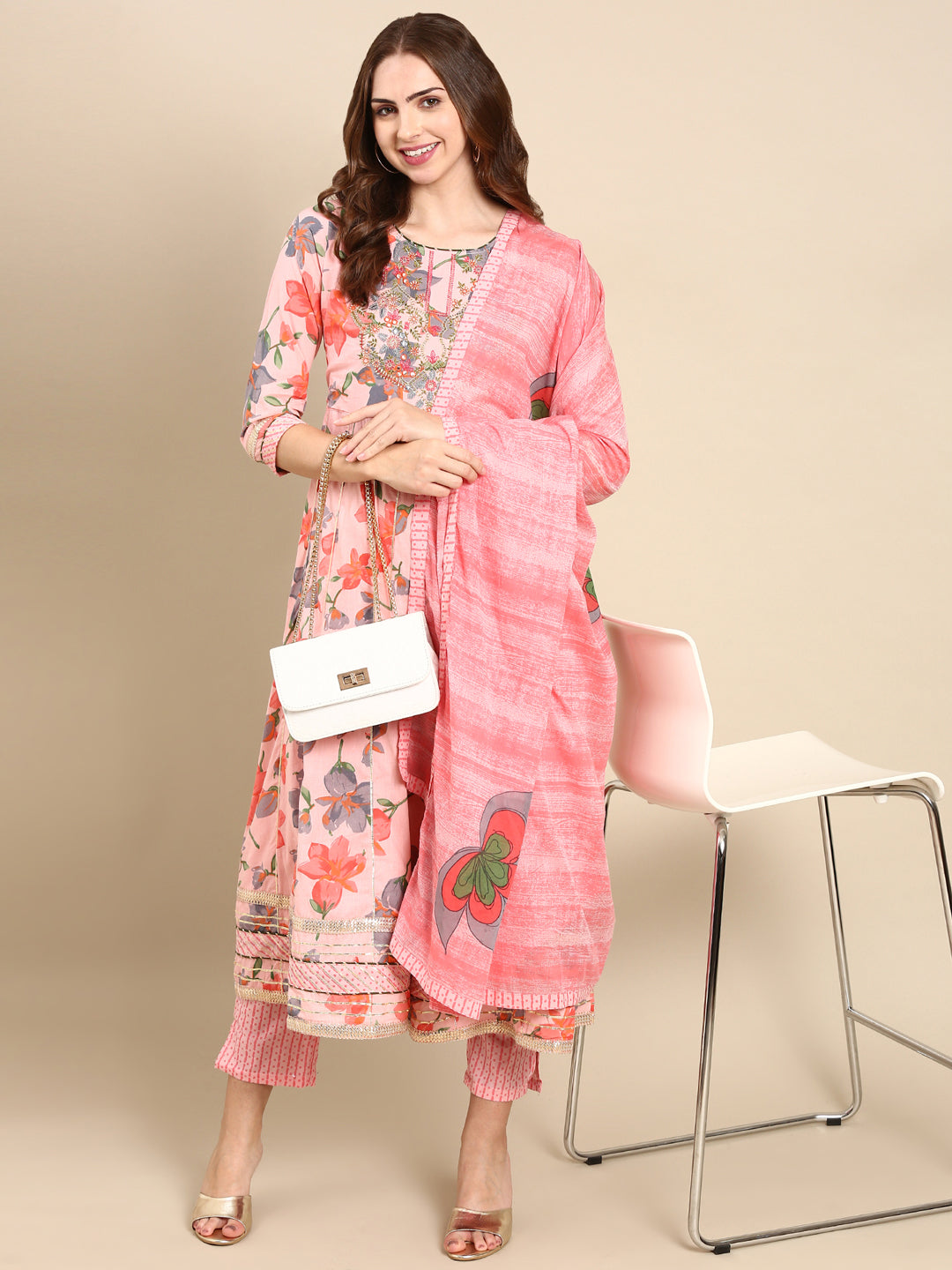 Women's Coral Floral Printed Thread Work Pure Cotton Kurta Set With Dupatta