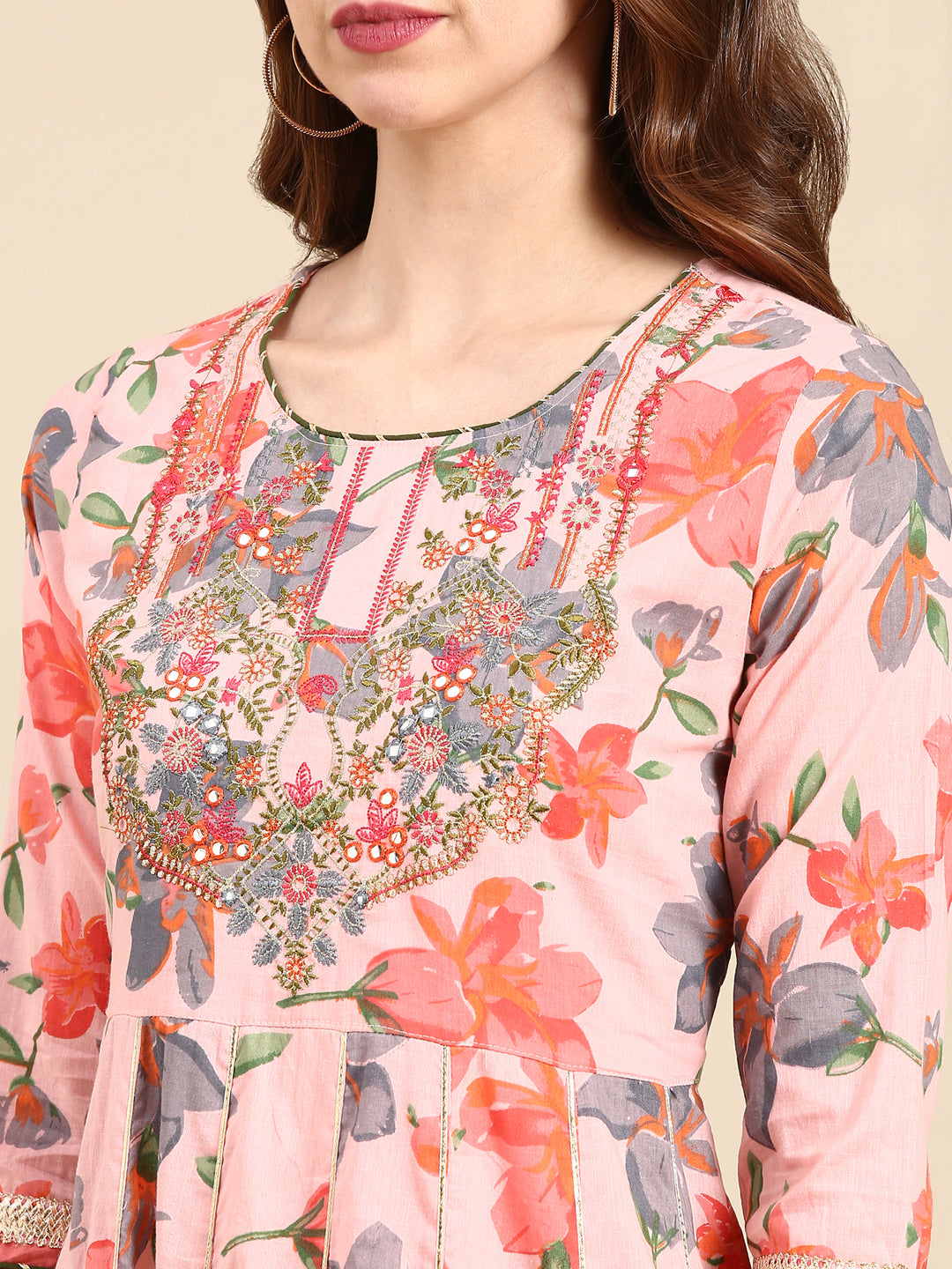 Women's Coral Floral Printed Thread Work Pure Cotton Kurta Set With Dupatta