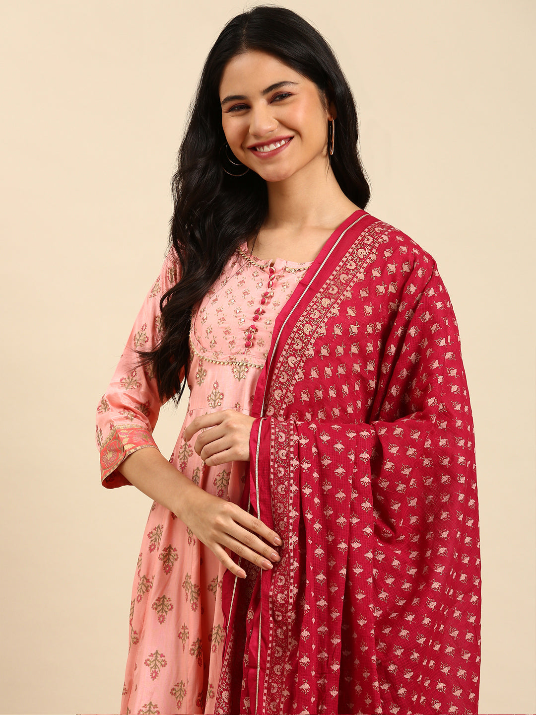 Women's Peach Printed Anarkali Kurta