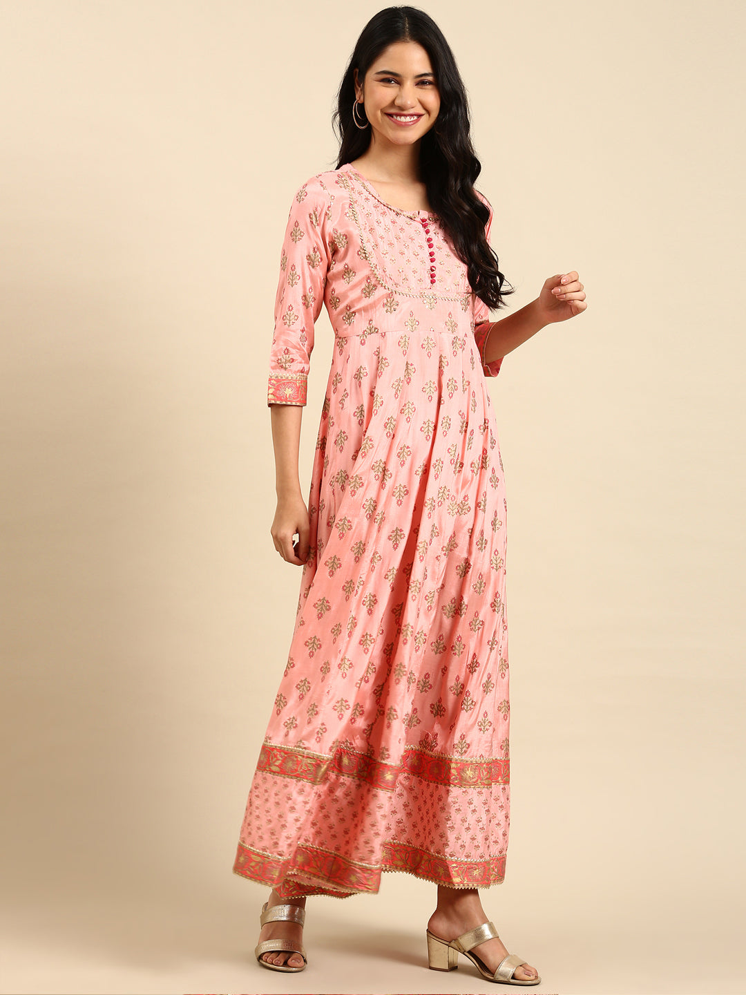 Women's Peach Printed Anarkali Kurta