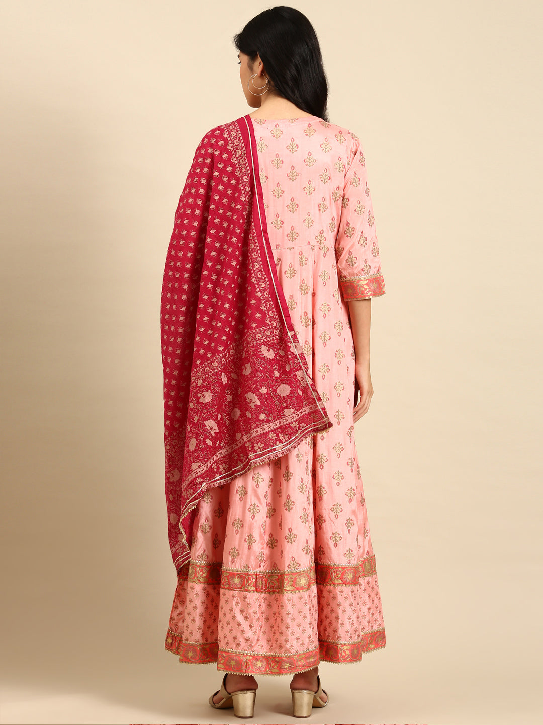 Women's Peach Printed Anarkali Kurta