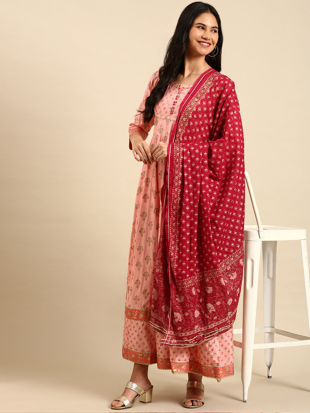 Women's Peach Printed Anarkali Kurta