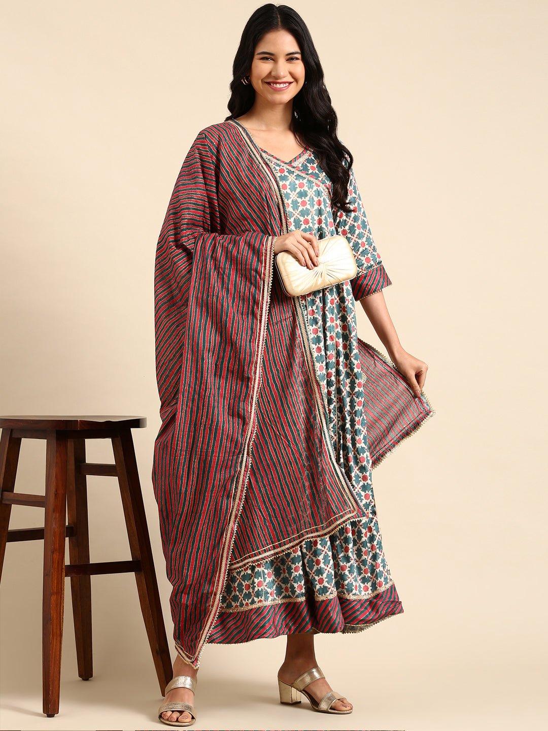 Women's Teal Printed Anarkali Kurta