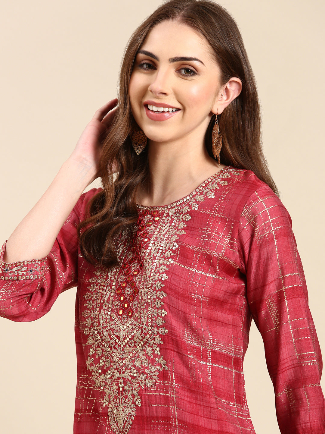 Women's Coral Ethnic Motifs Mirror Work Straight Kurta