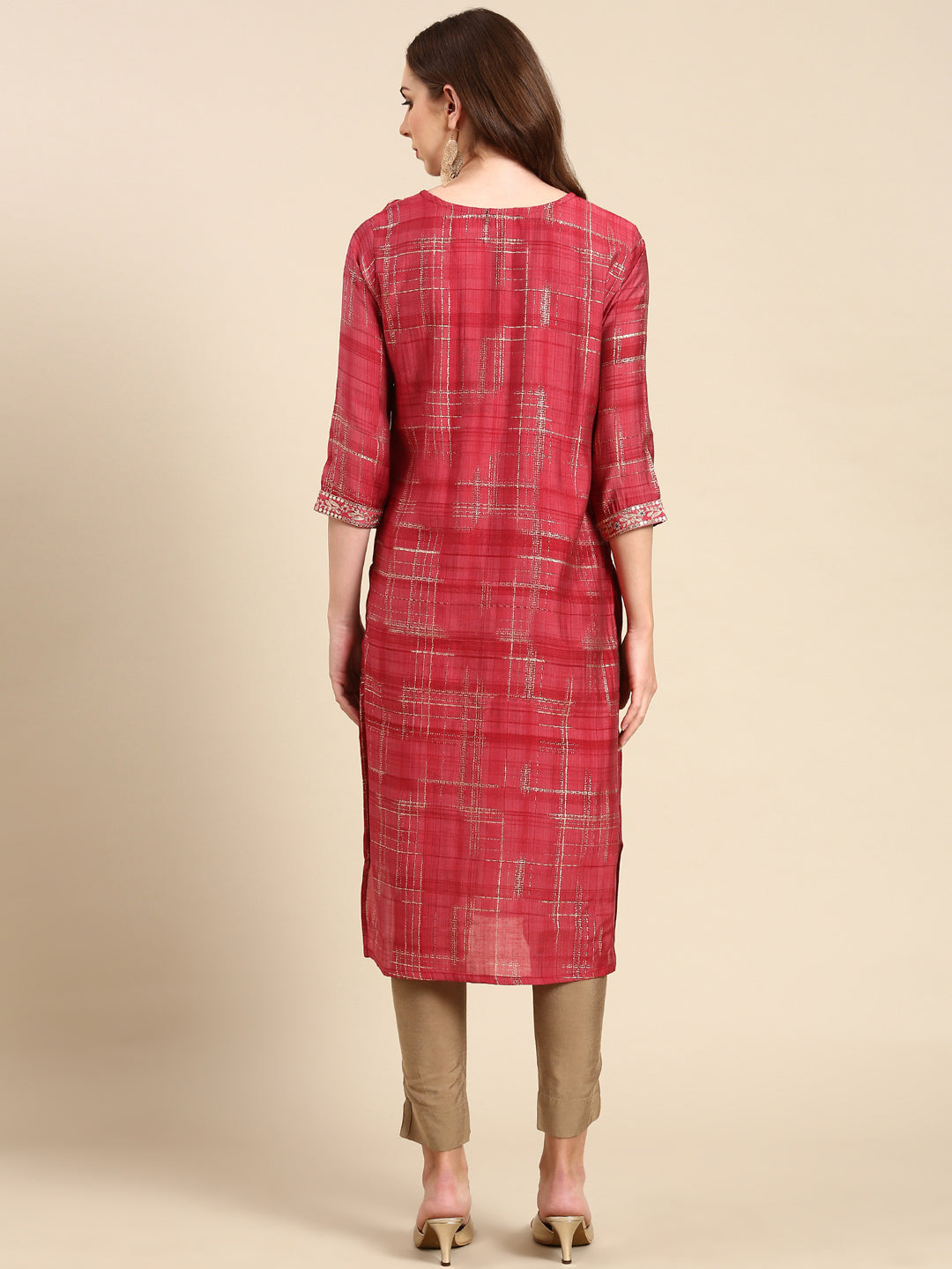 Women's Coral Ethnic Motifs Mirror Work Straight Kurta