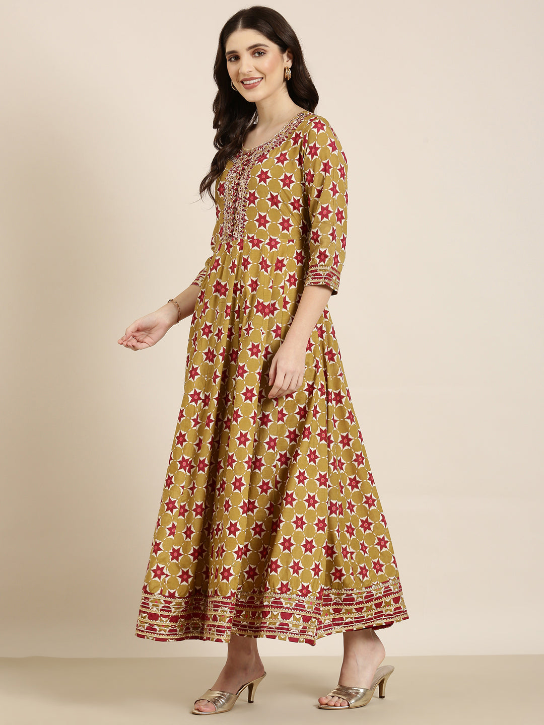 Women Khaki Geometrical Anarkali Kurta