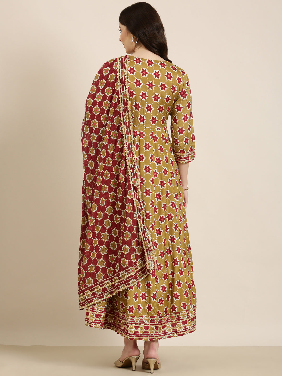 Women Khaki Geometrical Anarkali Kurta