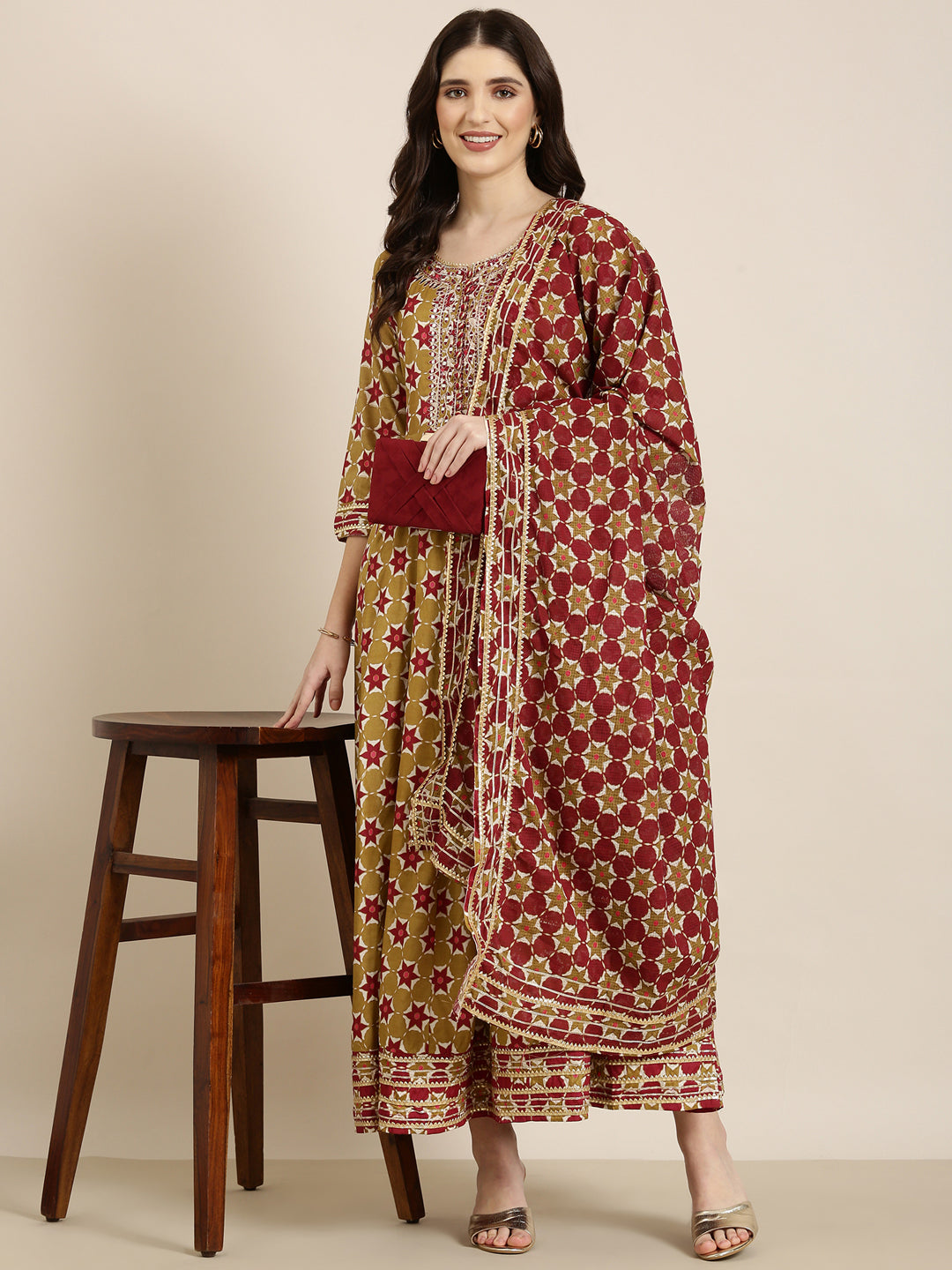 Women Khaki Geometrical Anarkali Kurta